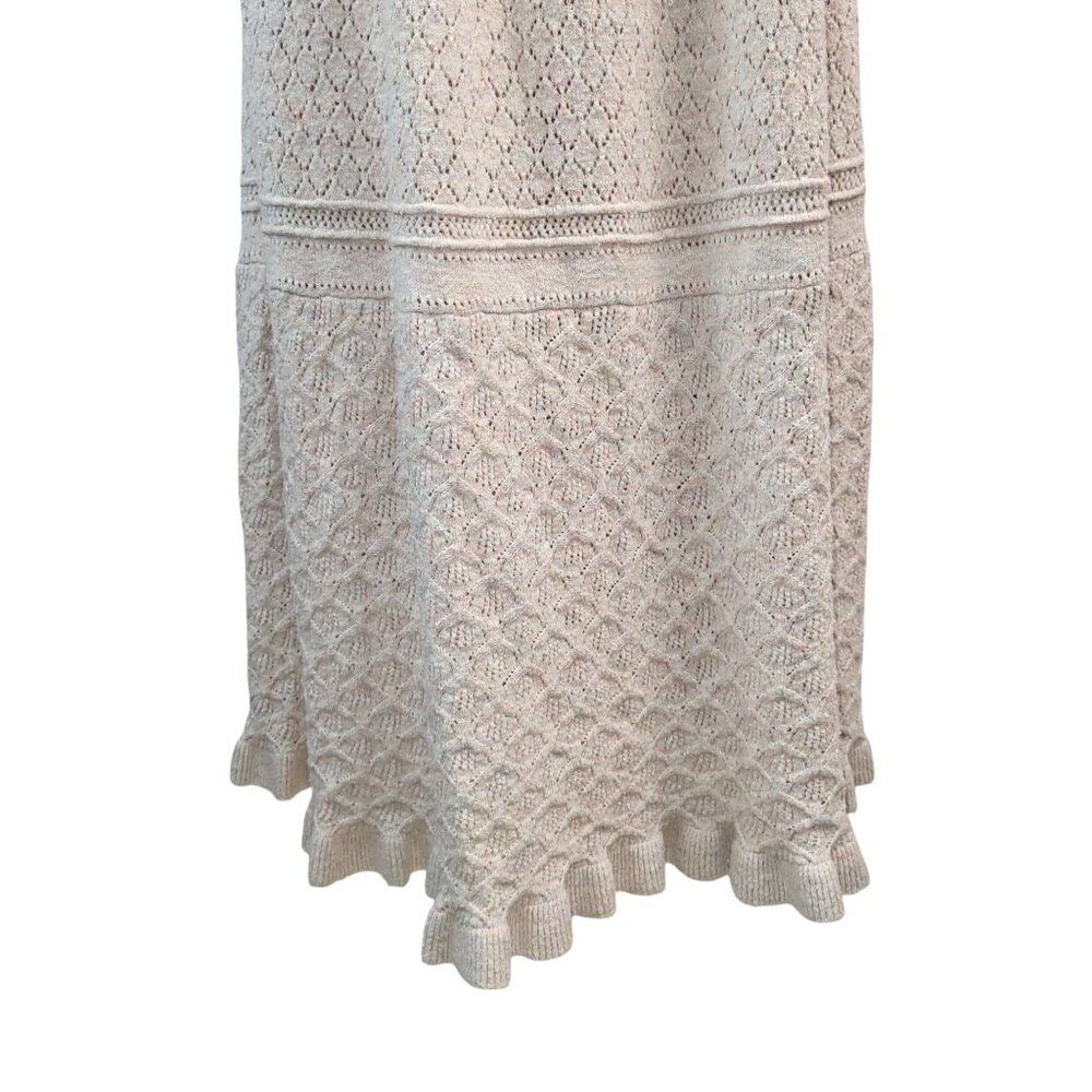 La Vie Medium Beige Cotton Knit Midi Dress RTR Ribbed Bodice Scallop Hem Party - Picture 12 of 15